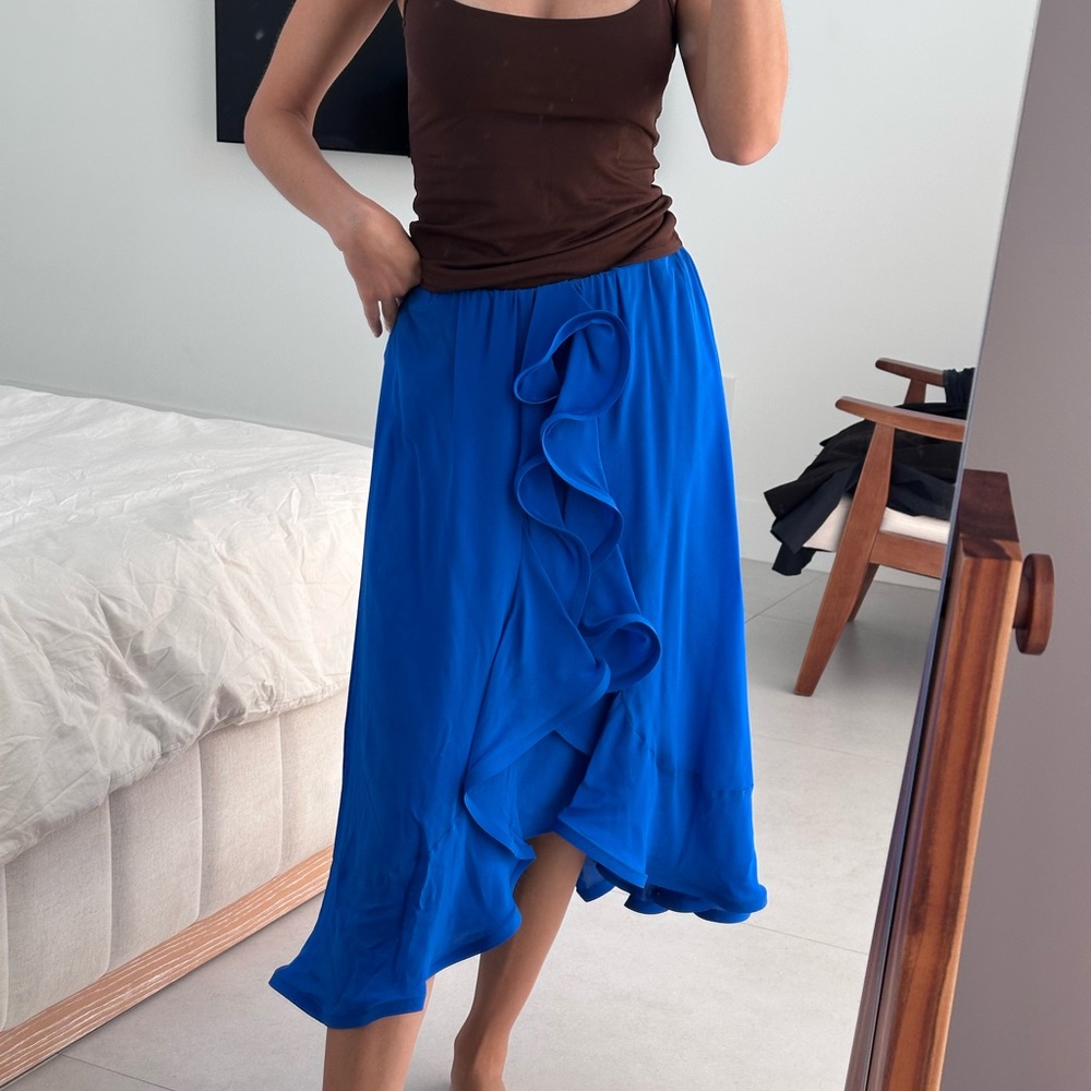 Alexis Blue Ruffled High-Low Midi Skirt